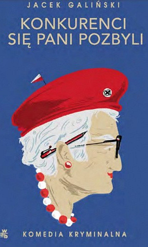 rysunkowy profil starszej pani, krótkie białe włosy, okulary, czerwony beret z wetkniętą małą białoczerwoną flagą, usta pomalowane na czerwono, czerwone kolczyki, biało czerwone korale, za uchem czerwony długopis, niebieskie tło