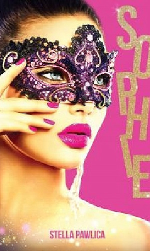Twarz młodej kobiety, usta pomalowane na fioletowo, karnawałowa maska na oczach, różowe tło